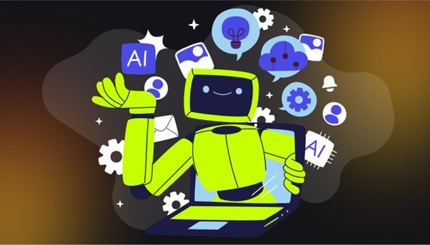 Abbildung eines lächelnden DeepSeek-Roboters, der aus einem Laptop auftaucht, umgeben von Symbolen, die KI, Zahnräder, Cloud und Benachrichtigungen darstellen.