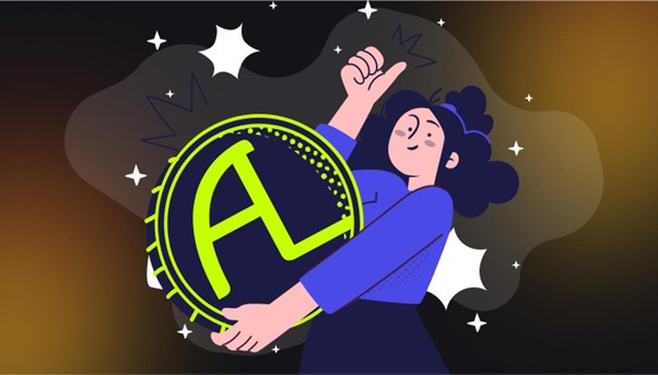 Illustration einer Person, die eine große Münze mit dem Buchstaben A darauf hält, umgeben von Sternen und abstrakten Formen auf dunklem Hintergrund, was den Innovationsgeist von DeepSeek hervorruft.