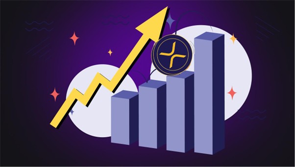 Ein Balkendiagramm mit steigenden Balken, einem gelben Aufwärtspfeil und einem Ripple-Logo (XRP) auf dunklem Hintergrund, das Wachstum oder Wertsteigerung suggeriert, verbessert durch DeepSeek-Analysen.