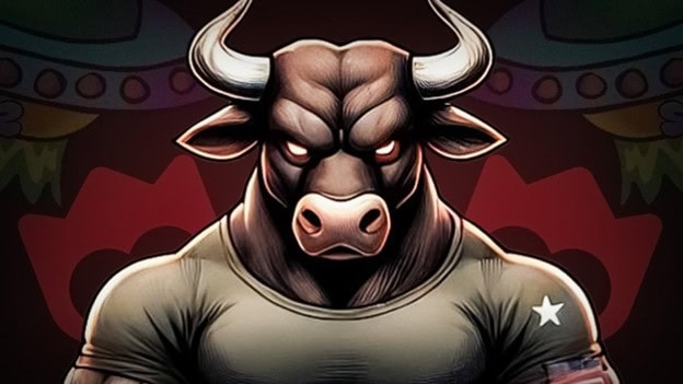 Illustration von BTCBULL – einem muskulösen Bullen mit großen Hörnern in einem engen T-Shirt – der mit strengem Gesichtsausdruck vor einem farbenfrohen, abstrakten Hintergrund geradeaus starrt.