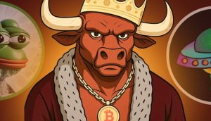 Illustration eines ernsten BTCBULL, der eine Krone und eine Robe mit einer Bitcoin-Halskette trägt, flankiert von einem Cartoon-Frosch und einem UFO in kreisförmigen Rahmen.