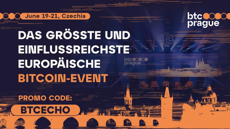 Werbebanner für eine Bitcoin-Veranstaltung in Prag, Tschechien, vom 19. bis 21. Juni. Mit der Skyline der Stadt und dem Promocode BTCECHO. Der deutsche Text hebt die Veranstaltung als größte und einflussreichste europäische Bitcoin-Veranstaltung hervor.