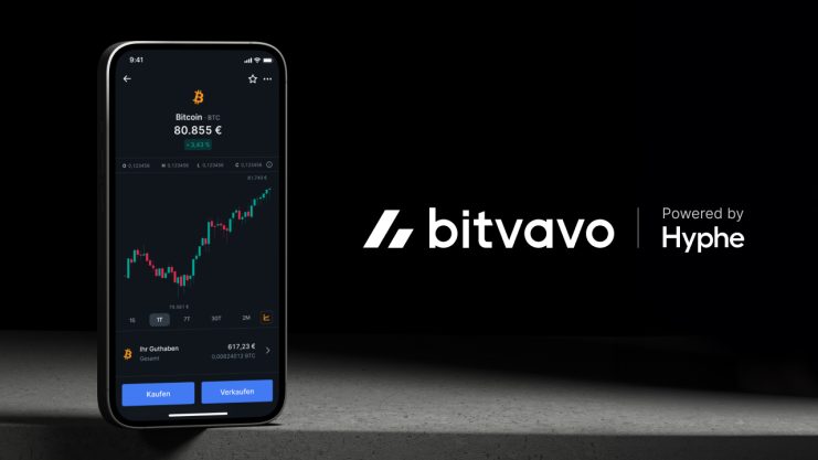 Auf einem Smartphone wird eine Kryptowährungs-App mit einem dynamischen Bitcoin-Diagramm präsentiert, die stolz den Titel „Bitvavo“ trägt und von Hyphe betrieben wird.