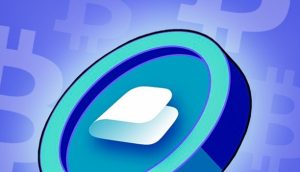 Eine digitale Illustration einer blauen Kryptowährungsmünze mit einem abstrakten Logo vor einem Hintergrund mit verblassten Bitcoin-Symbolen – perfekt, um die beste Wallet zur Speicherung Ihrer digitalen Vermögenswerte zu präsentieren.