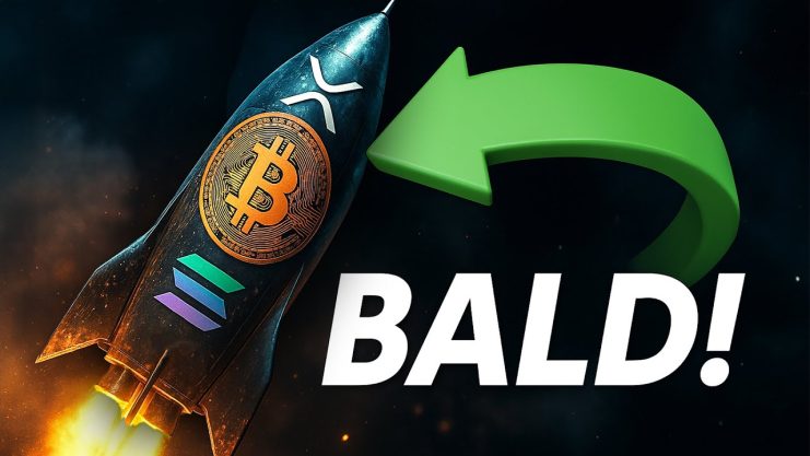 Eine mit den Logos von Bitcoin, XRP und Solana verzierte Rakete steigt auf, während ein grüner Pfeil mit der Aufschrift „BALD!“ nach oben schießt und die Begeisterung einer Bitcoin-Rallye einfängt.
