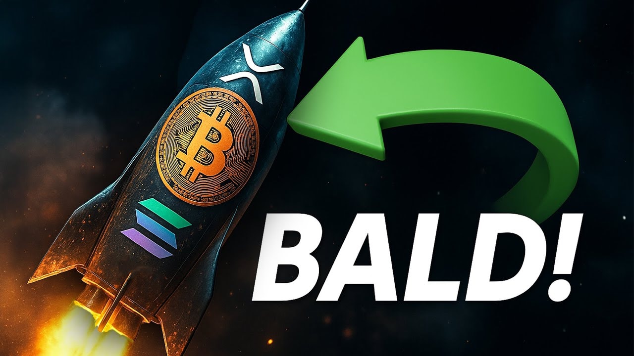 Eine mit den Logos von Bitcoin, XRP und Solana verzierte Rakete steigt auf, während ein grüner Pfeil mit der Aufschrift „BALD!“ nach oben schießt und die Begeisterung einer Bitcoin-Rallye einfängt.