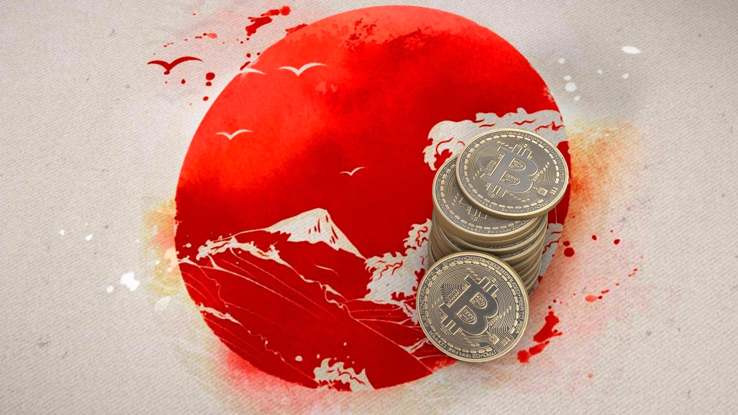 Ein Stapel BTC-Münzen vor einer roten Aquarellillustration mit dem Fuji, Meereswellen und Vögeln – als Symbol für den wachsenden Einfluss von Krypto und Metaplanet in Japan.