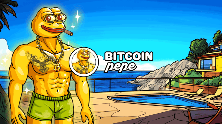 Ein goldhäutiger Cartoon-Frosch mit Sonnenbrille steht gelassen am Pool, trägt eine Halskette und pafft an einer Zigarre. Mit „Bitcoin Pepe“, der stolz vor der Küstenkulisse prangt, strahlt er Krypto-Selbstbewusstsein aus.