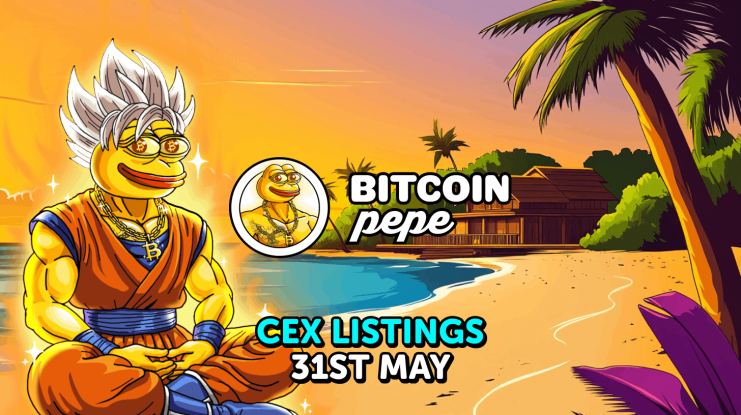 Die Zeichentrickfigur Pepe, ein Frosch im Super-Saiyajin-Outfit, sitzt bei Sonnenuntergang an einem Strand, mit dem Text „Bitcoin Pepe CEX Listings 31. Mai“ und einem tropischen Haus im Hintergrund.