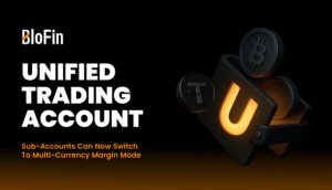Werbegrafik für das Unified Trading Account von BloFin, die eine Brieftasche mit Kryptosymbolen zeigt und den Multi-Währungs-Margin-Modus von BloFin für Unterkonten hervorhebt.