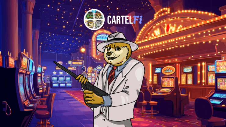 Eine illustrierte Figur in einem weißen Anzug und einem Fedora mit einer Schrotflinte steht in einem Casino mit dem CartelFi-Logo darüber und erinnert an den Nervenkitzel des Altcoin-Kaufs in einer Unterwelt-Umgebung.