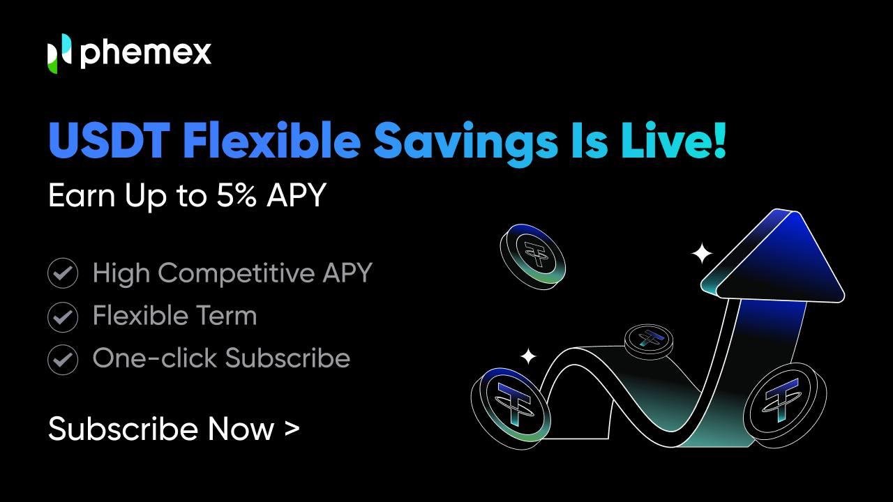 Phemex Earn führt flexible USDT-Ersparnisse ein und bietet bis zu 5 % effektiven Jahreszins mit wettbewerbsfähigen Zinssätzen, flexiblen Konditionen und Ein-Klick-Abonnement. Die Grafiken zeigen illustrierte Münzen und einen Aufwärtspfeil.