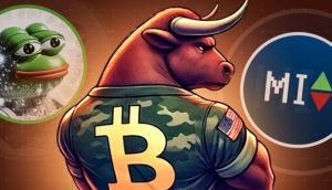 Ein Cartoon-Bulle trägt stolz ein Bitcoin-Logo-Shirt, umgeben von Krypto-Grafiken mit einem frechen Pepe-Meme und einem „MI“-Symbol. Im lebendigen Hintergrund sorgen subtile Anklänge an SOLX für zusätzliche Faszination.
