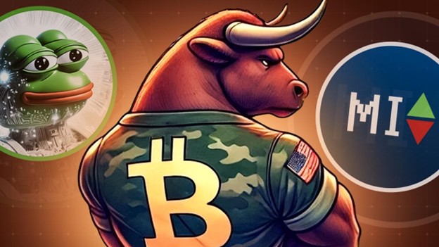 Ein Cartoon-Bulle trägt stolz ein Bitcoin-Logo-Shirt, umgeben von Krypto-Grafiken mit einem frechen Pepe-Meme und einem „MI“-Symbol. Im lebendigen Hintergrund sorgen subtile Anklänge an SOLX für zusätzliche Faszination.