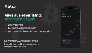 Smartphone mit Krypto-Trading-App und Kurschart, daneben deutscher Text, der für Krypto-Investitionen über flatex wirbt. Bitcoin-Symbol im Hintergrund.