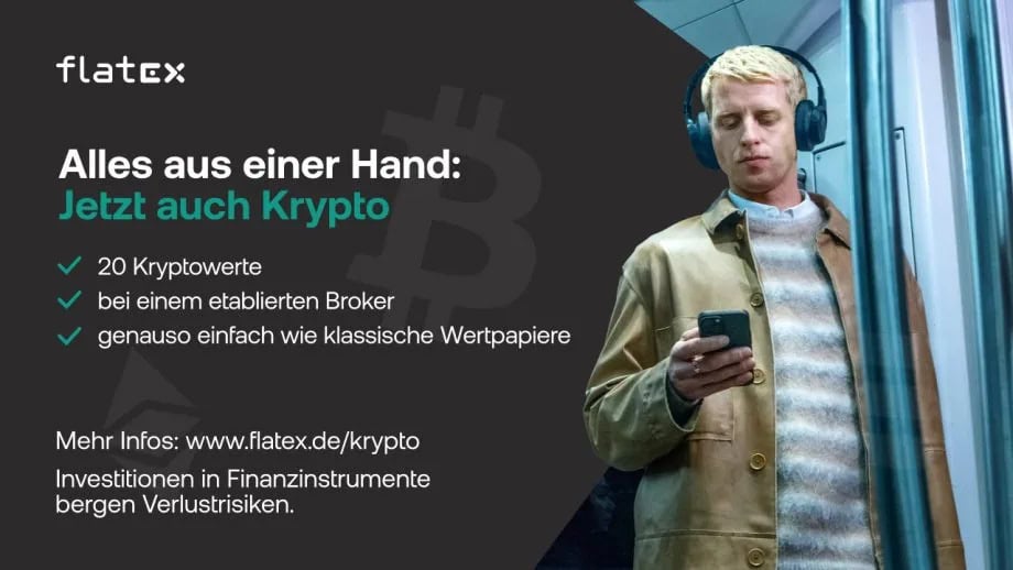 Mann mit Kopfhörern und Smartphone in der Hand steht in einer U-Bahn; Werbetext wirbt für den Krypto-Handel mit flatex und listet Funktionen und Website-Infos auf.