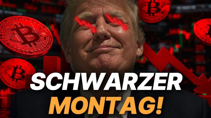 Eine lächelnde Person mit rot leuchtenden Augen, umgeben von Bitcoin-Symbolen und nach unten gerichteten Pfeilen. Der Text lautet „SCHWARZER MONTAG!“ und fängt das Chaos ein, das an einen modernen Schwarzen Montag erinnert.