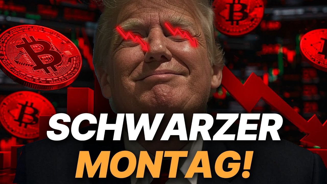 Eine lächelnde Person mit rot leuchtenden Augen, umgeben von Bitcoin-Symbolen und nach unten gerichteten Pfeilen. Der Text lautet „SCHWARZER MONTAG!“ und fängt das Chaos ein, das an einen modernen Schwarzen Montag erinnert.