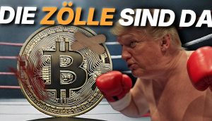 Ein Photoshop-Bild zeigt einen Mann mit Boxhandschuhen, der gegen einen riesigen Bitcoin antritt. Darüber steht der Text: „DIE ZÖLLE SIND DA.“ Es wirkt, als halte dieser Moment einen automatisch gespeicherten Entwurf eines Finanzkampfes fest.