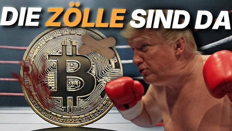 Ein Photoshop-Bild zeigt einen Mann mit Boxhandschuhen, der gegen einen riesigen Bitcoin antritt. Darüber steht der Text: „DIE ZÖLLE SIND DA.“ Es wirkt, als halte dieser Moment einen automatisch gespeicherten Entwurf eines Finanzkampfes fest.
