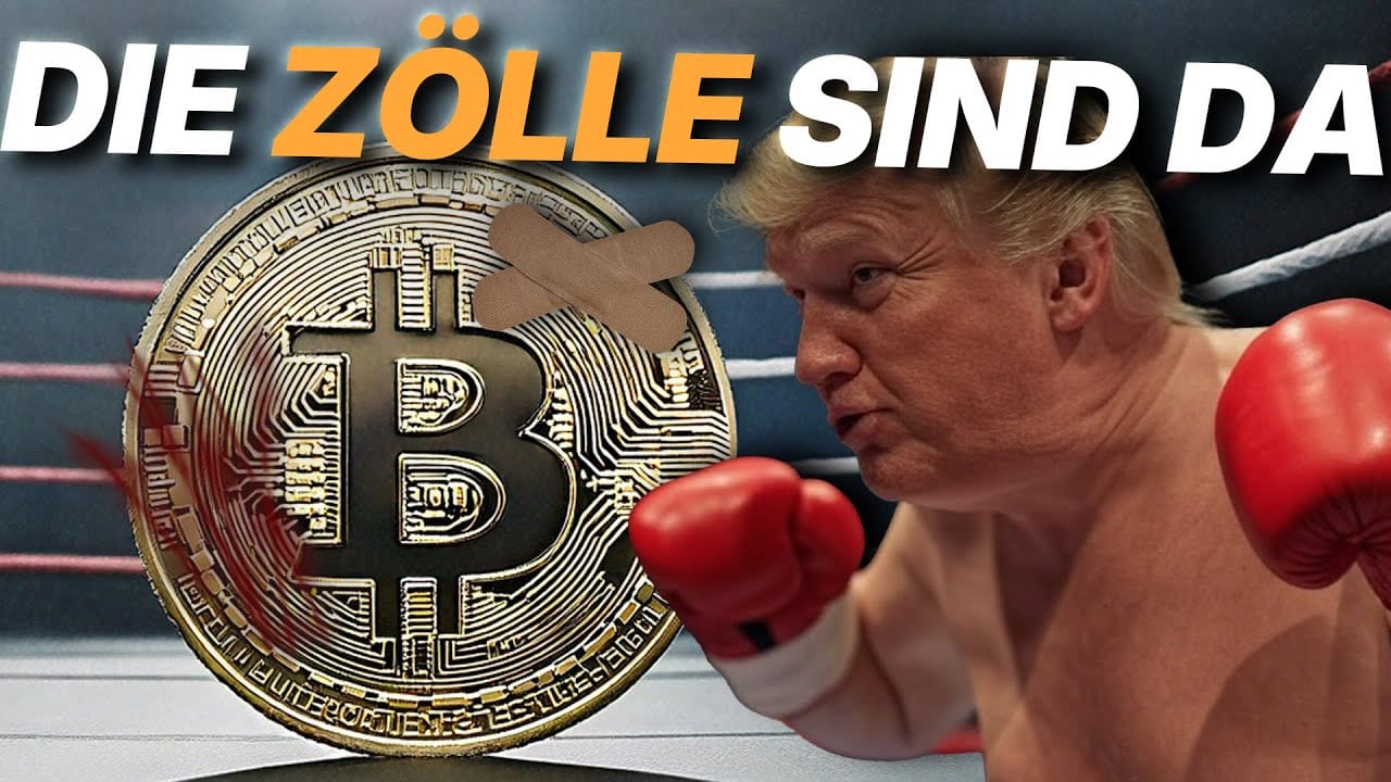 Ein Photoshop-Bild zeigt einen Mann mit Boxhandschuhen, der gegen einen riesigen Bitcoin antritt. Darüber steht der Text: „DIE ZÖLLE SIND DA.“ Es wirkt, als halte dieser Moment einen automatisch gespeicherten Entwurf eines Finanzkampfes fest.