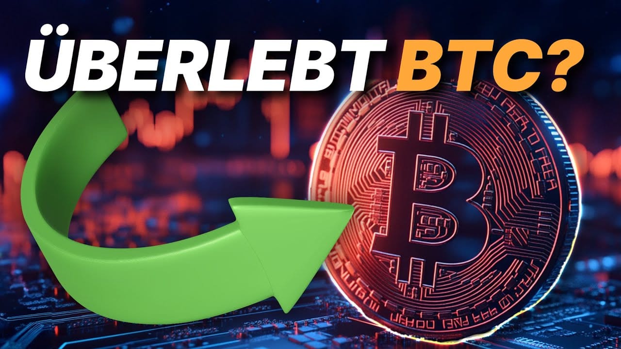 Bitcoin Talk: Eine Bitcoin-Münze mit einem grünen Aufwärtspfeil und dem Text ÜBERLEBT BTC? vor dem Hintergrund eines digitalen Aktiencharts.