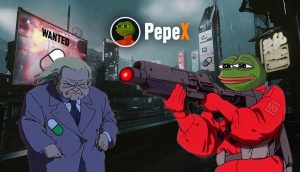 Ein Cartoon-Frosch in einem roten Anzug zielt mit einer großen Waffe auf einen wütenden Mann im Mantel, während im Hintergrund einer futuristischen Stadt das PepeX-Logo und ein WANTED-Schild leuchten.