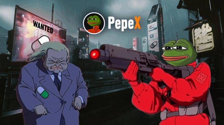 Ein Cartoon-Frosch in einem roten Anzug zielt mit einer großen Waffe auf einen wütenden Mann im Mantel, während im Hintergrund einer futuristischen Stadt das PepeX-Logo und ein WANTED-Schild leuchten.
