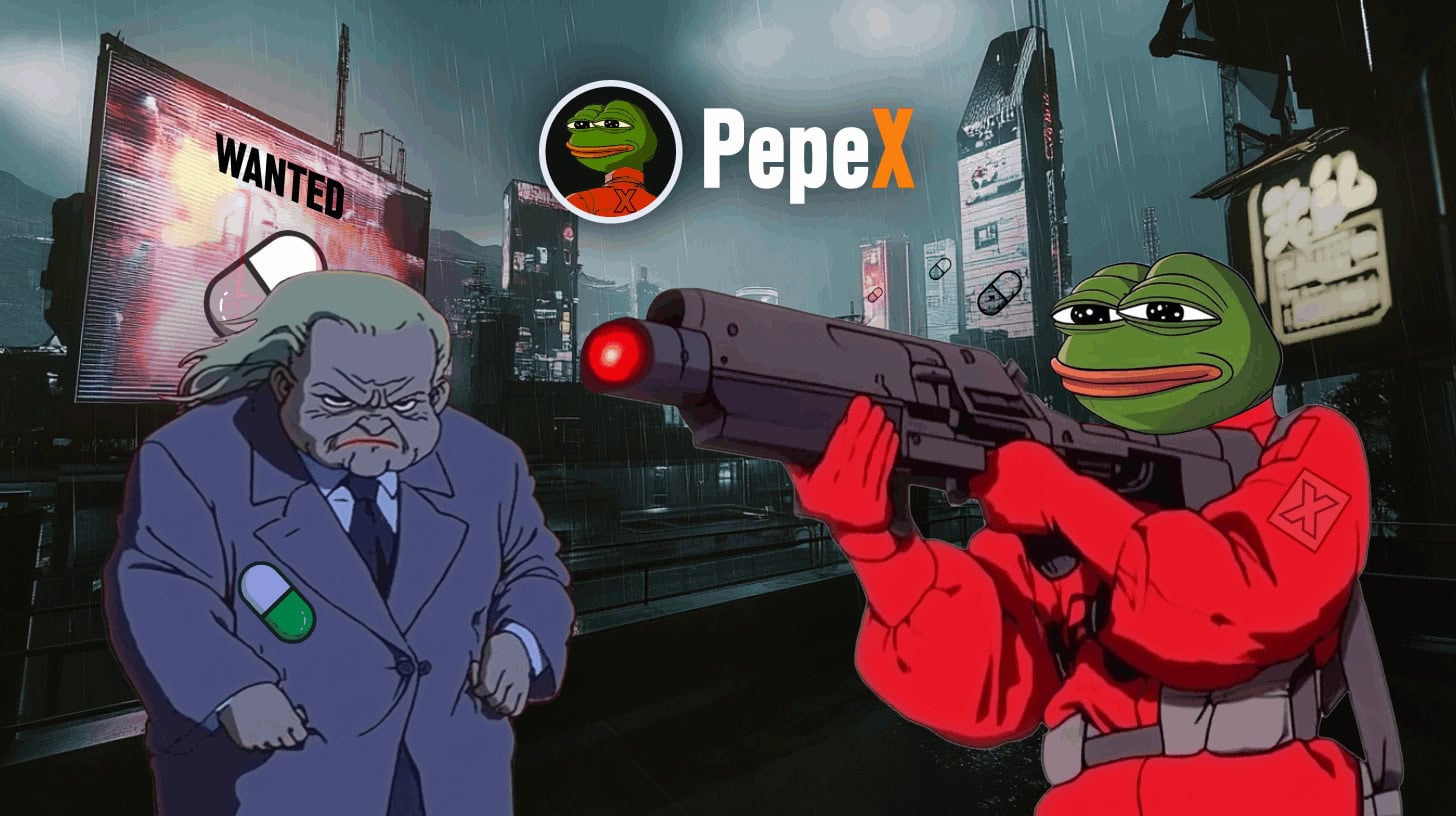Ein Cartoon-Frosch in einem roten Anzug zielt mit einer großen Waffe auf einen wütenden Mann im Mantel, während im Hintergrund einer futuristischen Stadt das PepeX-Logo und ein WANTED-Schild leuchten.