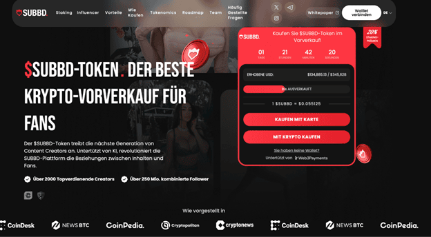 Eine deutsche Webseite, die einen Vorverkauf der Kryptowährungen SUBBD-TOKEN und BTCBULL präsentiert, bietet einen Countdown, Kaufoptionen und stellt über 2000 Entwickler mit einer Fangemeinde von 250 Millionen vor.