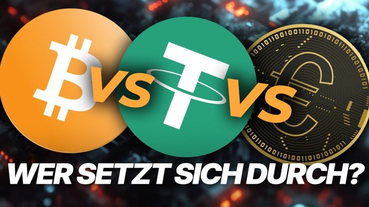 Drei große Kryptowährungssymbole – Bitcoin, Tether und Euro – werden nebeneinander mit vs dazwischen und dem deutschen Text „Wer setzt sich durch?“ angezeigt. darunter, ein Hinweis auf die Bitcoin Zukunft und welche Krypto hat Zukunft.