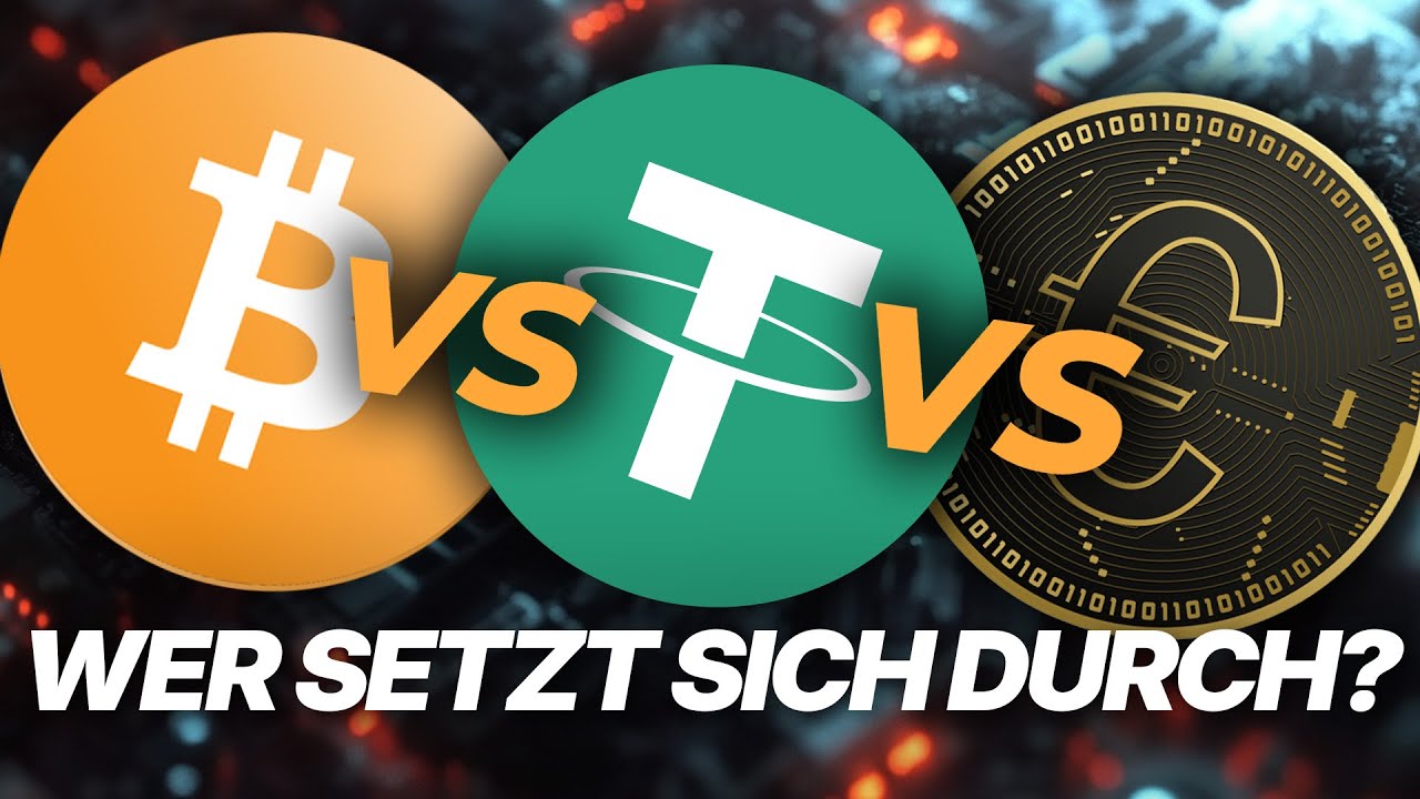 Drei große Kryptowährungssymbole – Bitcoin, Tether und Euro – werden nebeneinander mit vs dazwischen und dem deutschen Text „Wer setzt sich durch?“ angezeigt. darunter, ein Hinweis auf die Bitcoin Zukunft und welche Krypto hat Zukunft.