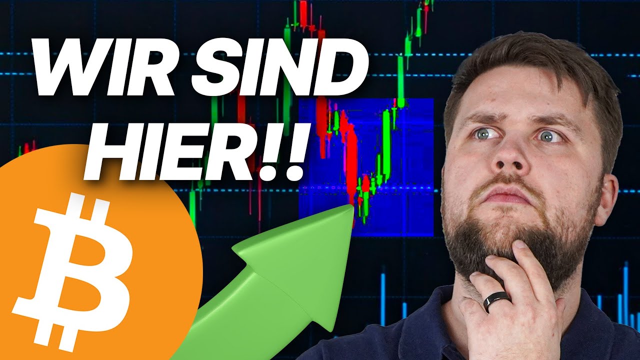 Eine Person sieht nachdenklich vor einem Bitcoin-Logo, einem grünen Aufwärtspfeil und einem Aktiendiagramm mit dem Text WIR SIND HIER!!, als ob sie überlegen, wie Bitcoin-Wale auf die aktuelle Marktlage reagieren.
