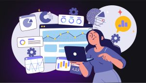 Eine Frau mit einem Laptop steht vor Datendiagrammen und -grafiken, die Datenanalyse, Geschäftsanalysen und die Innovationskraft von DeepSeek symbolisieren.