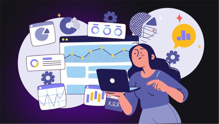 Eine Frau mit einem Laptop steht vor Datendiagrammen und -grafiken, die Datenanalyse, Geschäftsanalysen und die Innovationskraft von DeepSeek symbolisieren.