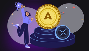 Abbildung einer Person, die auf einem Siegerpodest eine Trophäe neben einer großen goldenen AIAO-Münze und einer XRP-Münze hält und die Leistung von AIAO feiert.