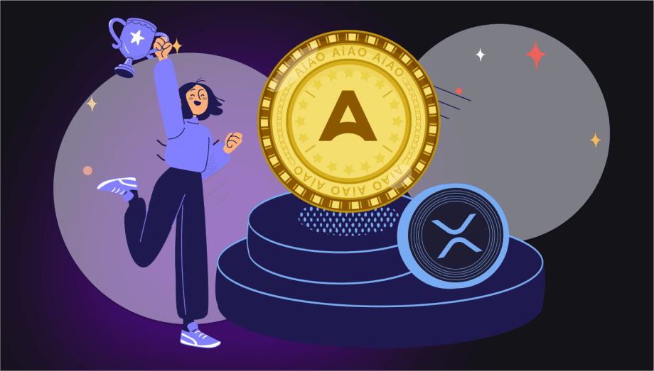 Abbildung einer Person, die auf einem Siegerpodest eine Trophäe neben einer großen goldenen AIAO-Münze und einer XRP-Münze hält und die Leistung von AIAO feiert.