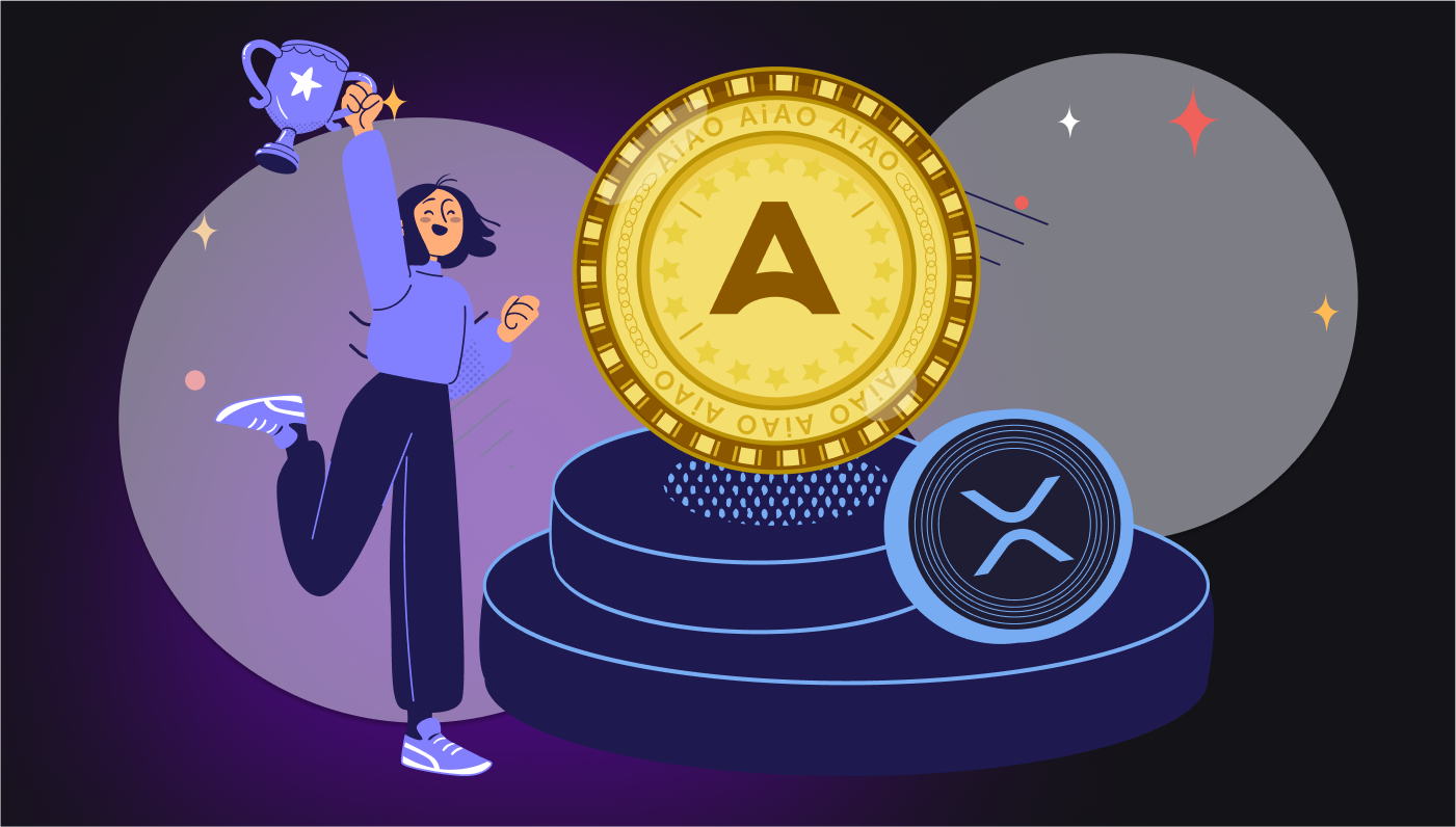 Abbildung einer Person, die auf einem Siegerpodest eine Trophäe neben einer großen goldenen AIAO-Münze und einer XRP-Münze hält und die Leistung von AIAO feiert.