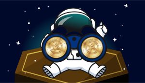 Ein Cartoon-Astronaut steht auf einer Plattform und verwendet ein mit Münzsymbolen verziertes DeepSeek-Fernglas als Linsen, um in den dunklen Himmel voller funkelnder Sterne zu blicken.