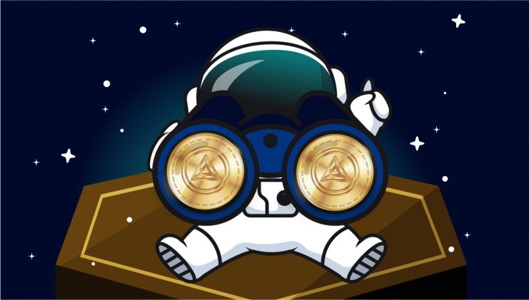 Ein Cartoon-Astronaut steht auf einer Plattform und verwendet ein mit Münzsymbolen verziertes DeepSeek-Fernglas als Linsen, um in den dunklen Himmel voller funkelnder Sterne zu blicken.