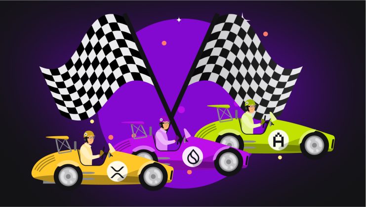 Drei Rennwagen mit Kryptowährungslogos (XRP, Solana, Avalanche) und AiAO-Branding rasen auf die Ziellinie zu, gefahren von Rennfahrern mit Helmen unter zwei karierten Flaggen auf einem leuchtend violetten Hintergrund.