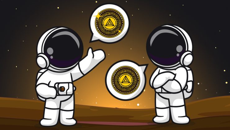 Zwei Zeichentrick-Astronauten von DeepSeek unterhalten sich auf einem Planeten, wobei in Sprechblasen ein digitales Münzsymbol zu sehen ist.
