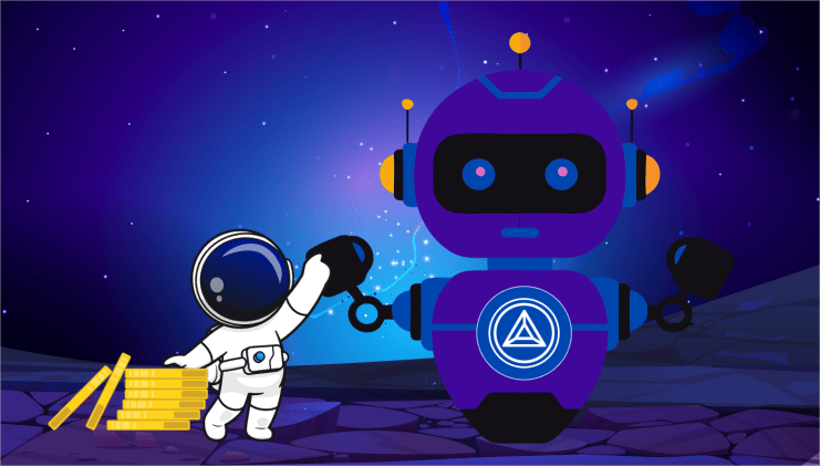 In einer felsigen Weltraumlandschaft stoßen ein Astronaut und ein großer Roboter mit den Fäusten zusammen. In der Nähe ist der Astronaut von einem Stapel Goldmünzen umgeben, die den Erfolg ihres KI-Handelsunternehmens im Kosmos symbolisieren.