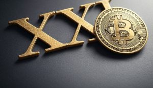 Eine goldene römische Ziffer XXI, die Einundzwanzig symbolisiert, und eine goldene Bitcoin-Münze sind auf einer dunklen Oberfläche platziert.