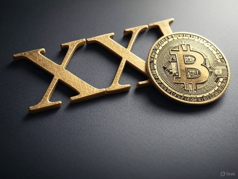 Eine goldene römische Ziffer XXI, die Einundzwanzig symbolisiert, und eine goldene Bitcoin-Münze sind auf einer dunklen Oberfläche platziert.