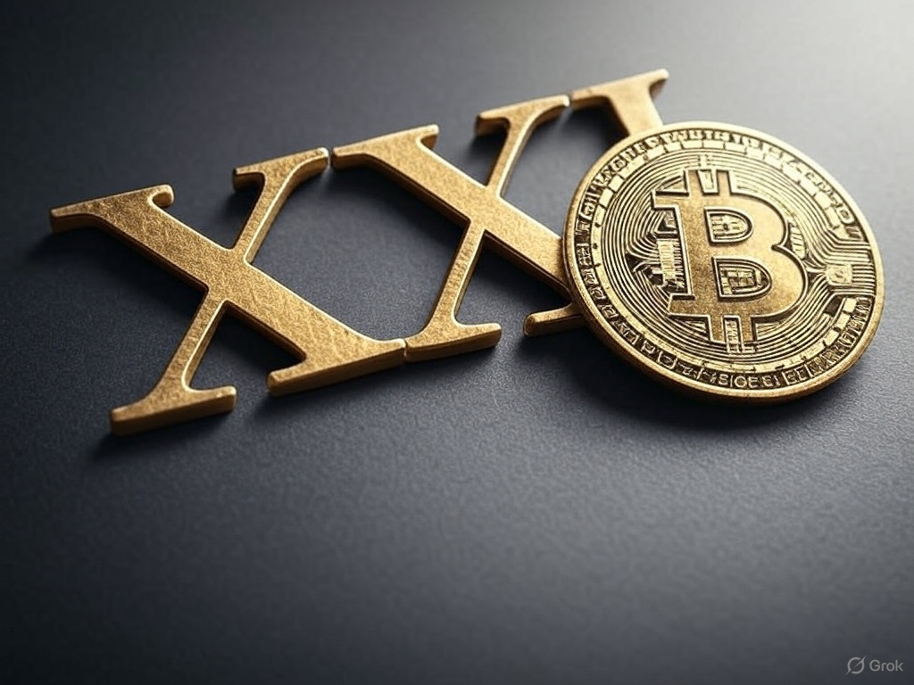 Eine goldene römische Ziffer XXI, die Einundzwanzig symbolisiert, und eine goldene Bitcoin-Münze sind auf einer dunklen Oberfläche platziert.