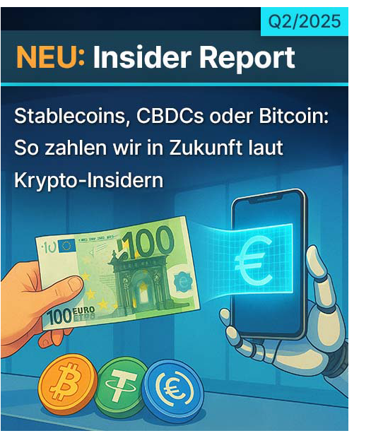 Eine Hand hält einen 100-Euro-Schein, der in ein Smartphone digitalisiert wird. Im Vordergrund sind die Symbole für Bitcoin, Ethereum und den Euro zu sehen. Der deutsche Text befasst sich mit zukünftigen digitalen Zahlungen.