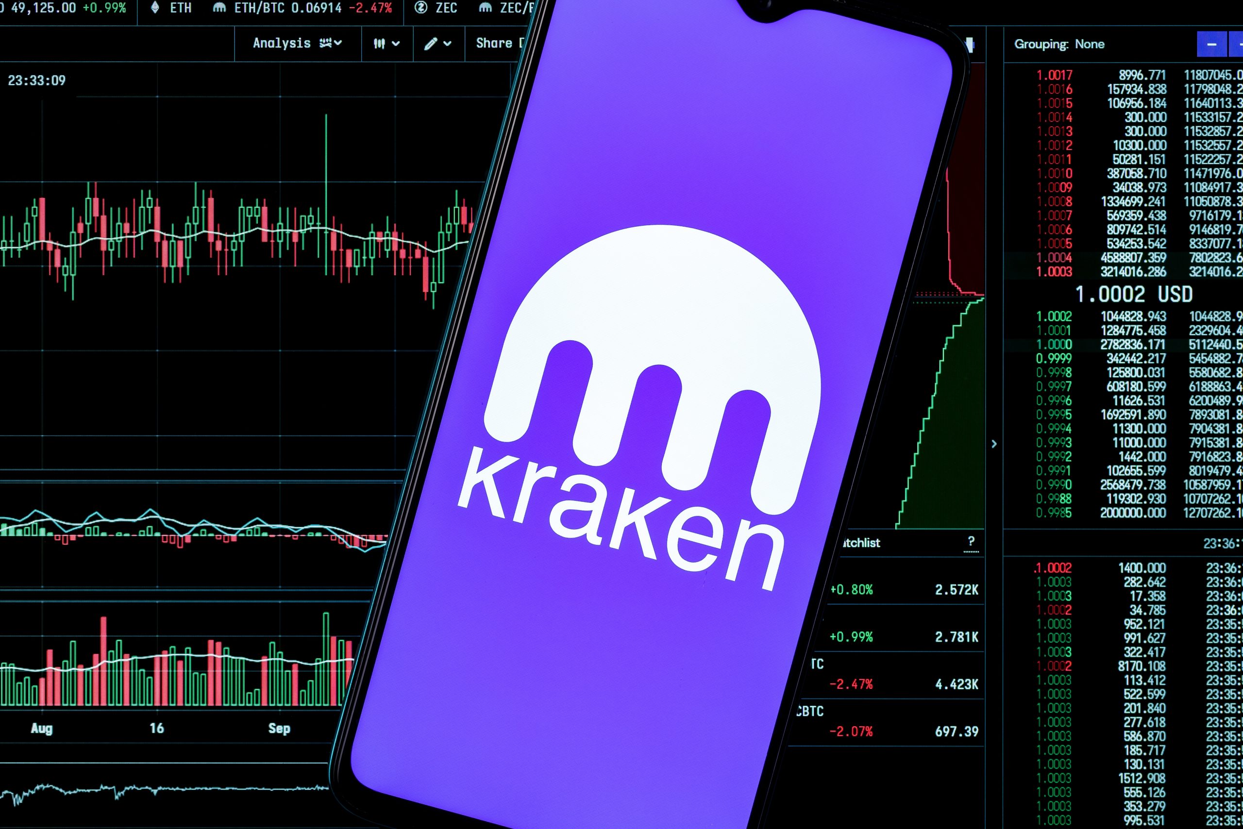 Auf einem Smartphone wird das Kraken-Logo vor einem Handelsbildschirm angezeigt, der voller Diagramme und Kryptowährungsdaten ist und die dynamische Welt der Krypto-Börse verkörpert.