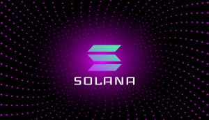 Solana-Logo mit drei Farbverlaufsbalken über dem Wort Solana auf dunklem Hintergrund, mit violetten Punkten, die ein von Solana inspiriertes radiales Muster bilden.