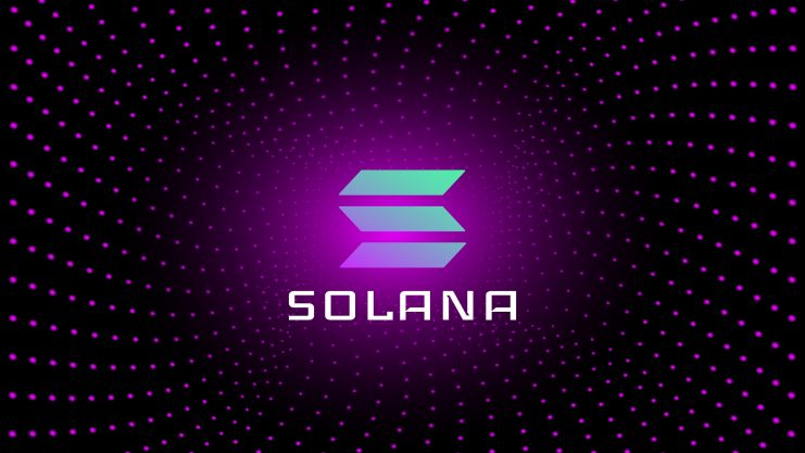 Solana-Logo mit drei Farbverlaufsbalken über dem Wort Solana auf dunklem Hintergrund, mit violetten Punkten, die ein von Solana inspiriertes radiales Muster bilden.